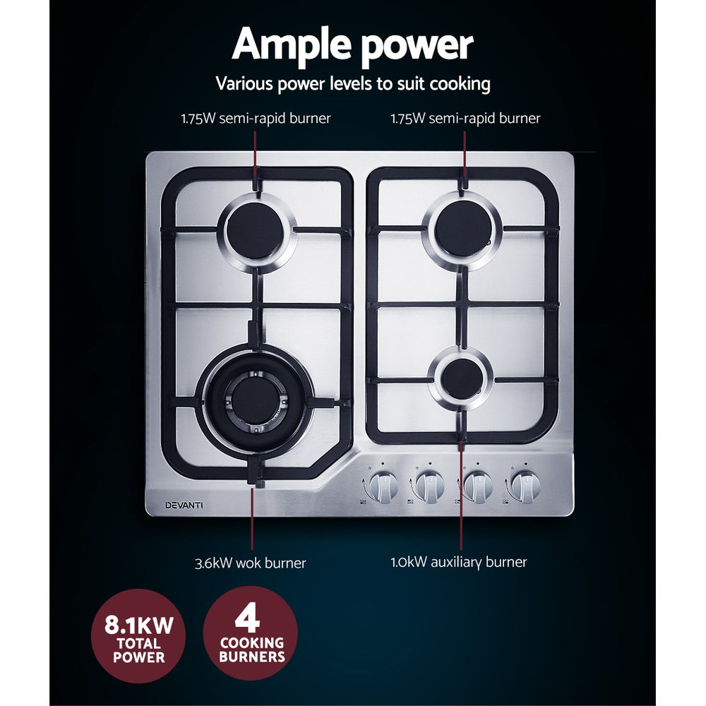 Devanti Gas Cooktop 60cm 4 Burner Silvir