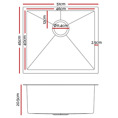 Cefito Kitchen Sink 51X45CM Stainless Steel Basin Single Bowl Laundry Silver