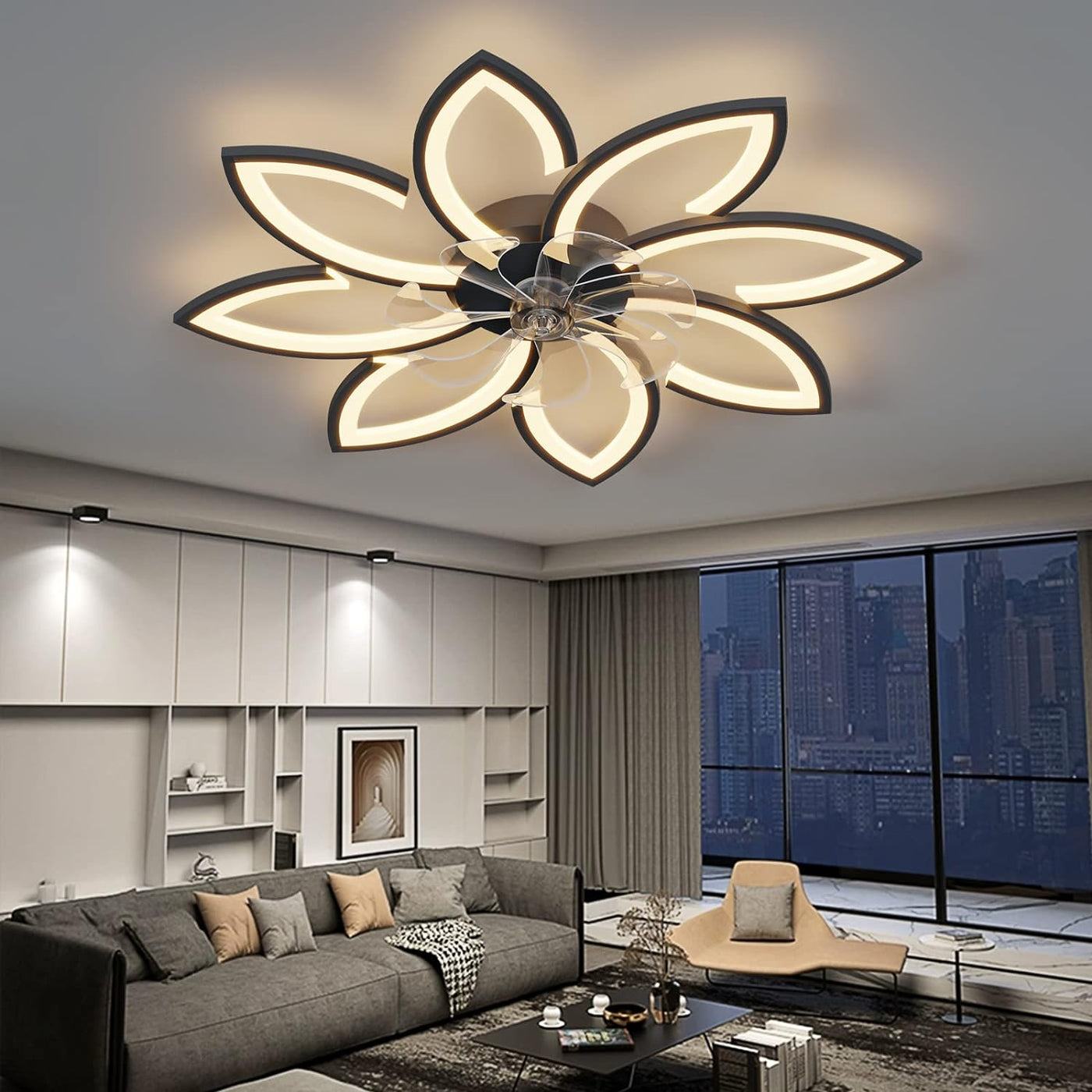 Modern Ceiling Light Fan, Low Profile, 6 Wind Speed, 3 Color (90cm, Black)