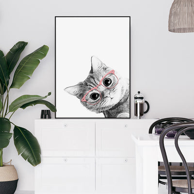 Wall Art 90cmx135cm Cat With Glasses Black Frame Canvas