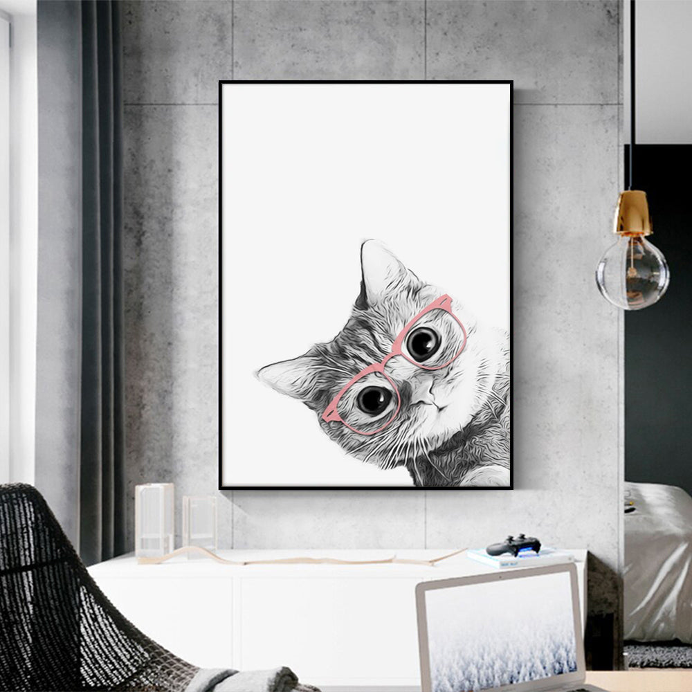 Wall Art 90cmx135cm Cat With Glasses Black Frame Canvas