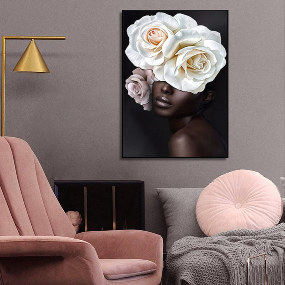 Wall Art 90cmx135cm Flower African Woman Black Frame Canvas