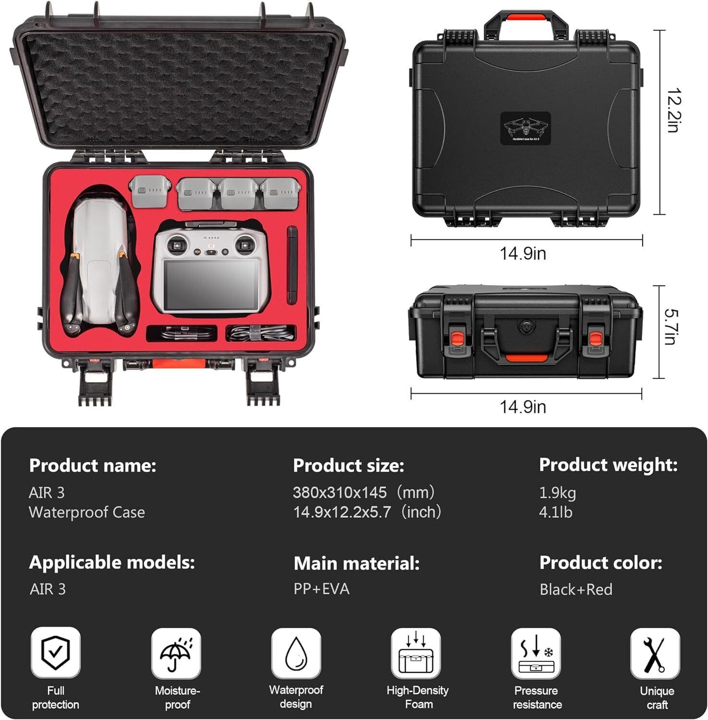 STARTRC Air 3 Hard Case Waterproof Carrying Case for DJI Air 3 Fly More Combo