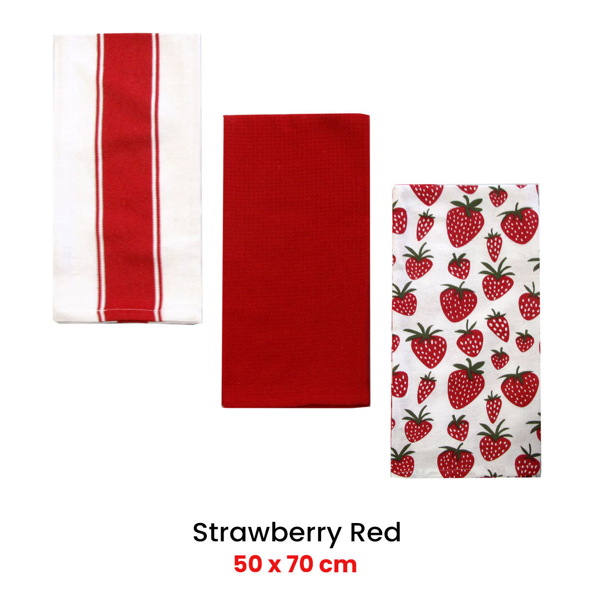 Home Oasis Set of 3 Printed Cotton Rich Tea Towels 50 x 70 cm Strawberry Red