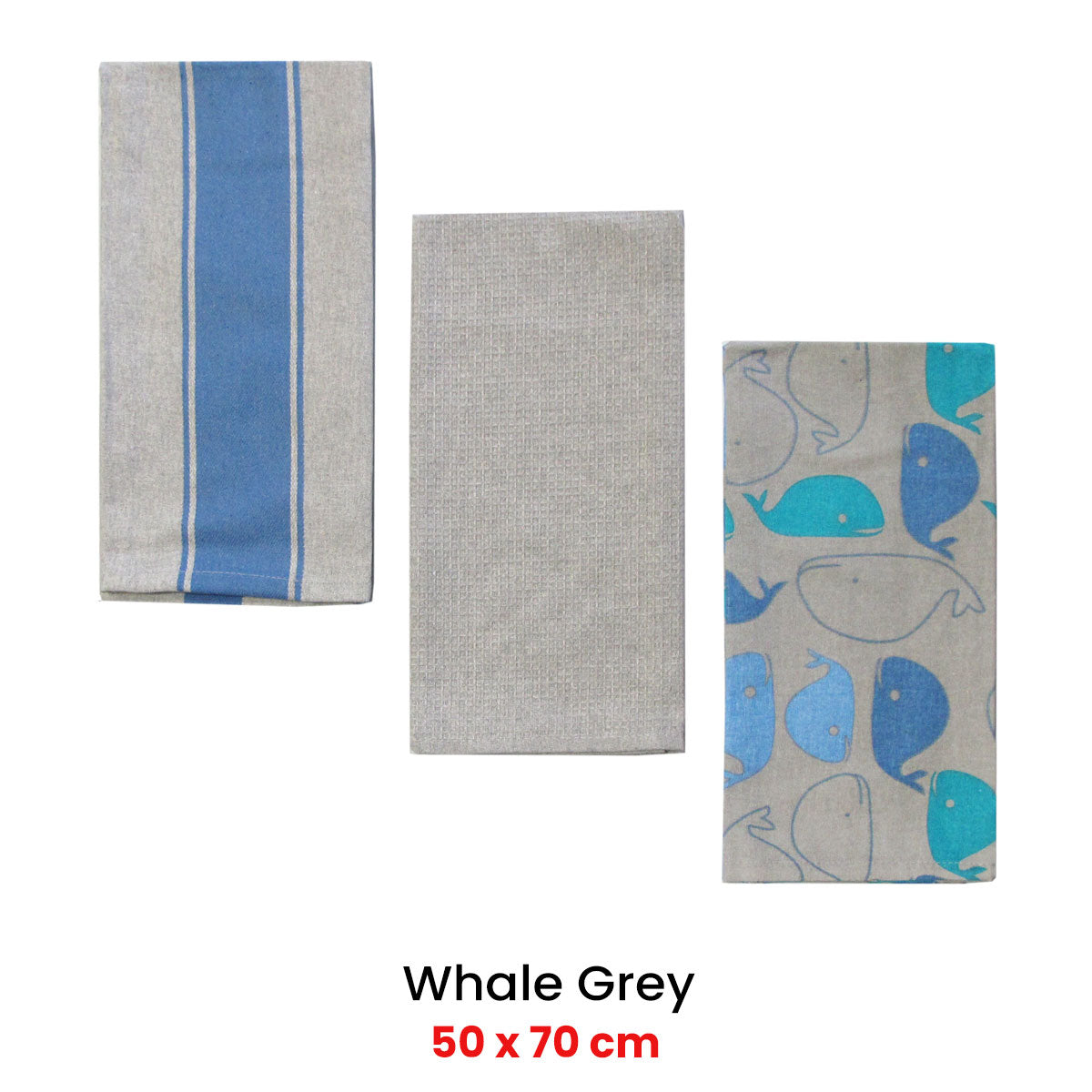 Home Oasis Set of 3 Printed Cotton Rich Tea Towels 50 x 70 cm Whale Grey