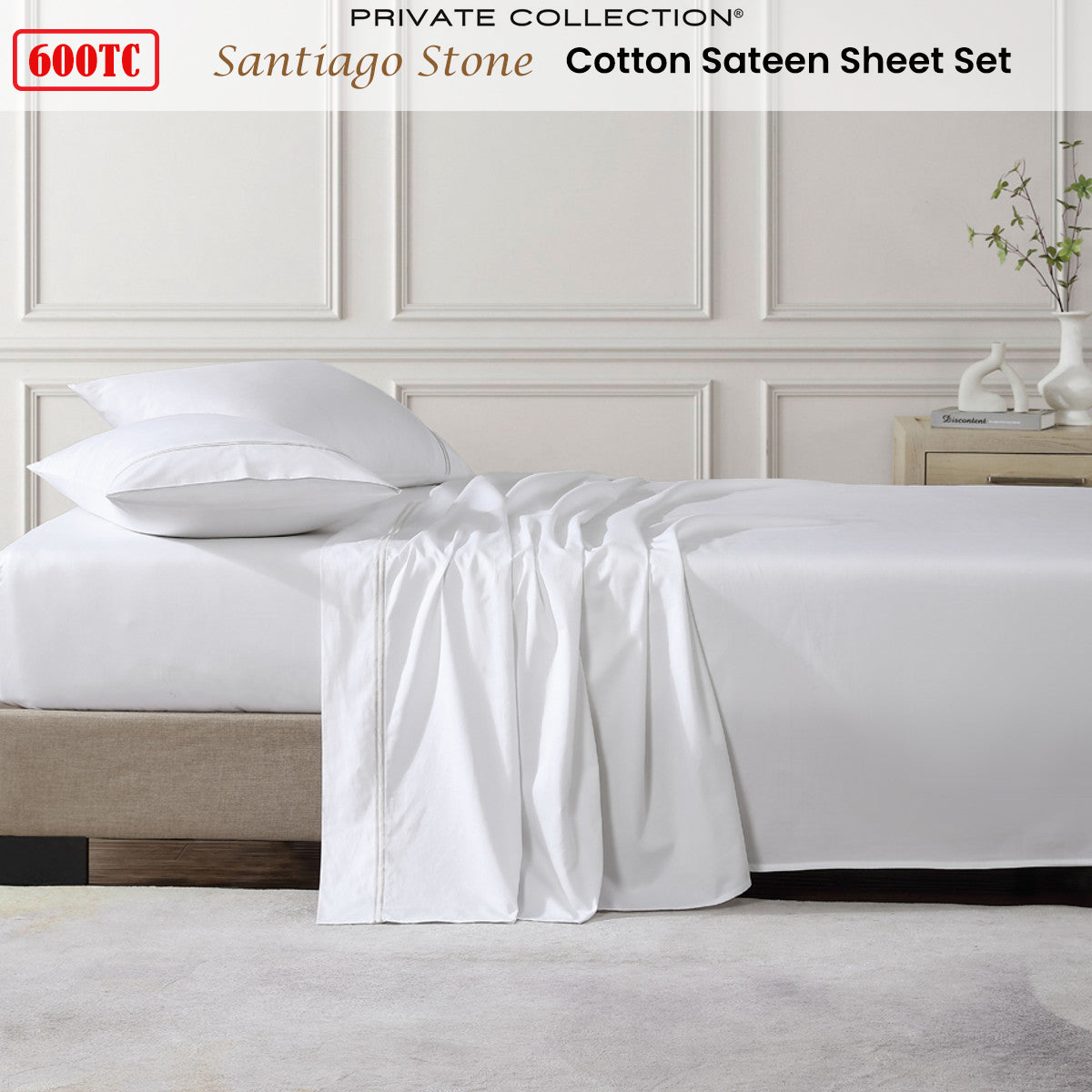 Private Collection 600TC Santiago Stone Cotton Sateen Sheet Set 50cm Wall King