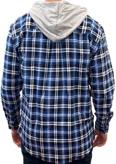 Mens Cotton Flannelette Shirt w Jersey Hood Long Sleeve Flannel - Denim - M