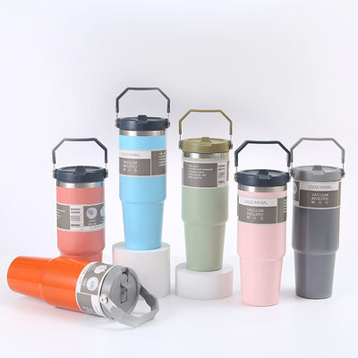 Orange 30oz 304 Stainless Steel Ice Cup with Handle - Portable Car and Travel Cup, Double Insulated, for Hot & Cold Drinks