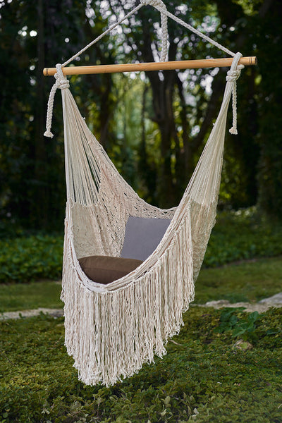 Fringed Cotton Rope Mexican Hammock Swing from Mexico in Ivory