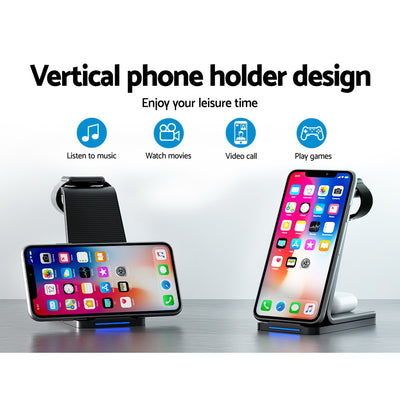 Devanti 3 in 1 Wireless Charger Dock 15W Fast Charging Stand